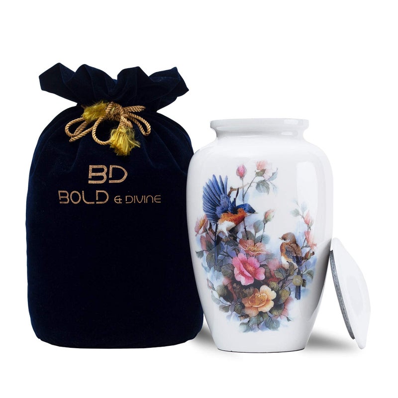 BOLD & DIVINE Birds & Floral Theme Cremation Urn | Human Ashes Adult Memorial urn, Burial, Funeral Cremation Urns (Large Urn) - Image 1